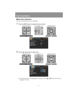 Page 90How to Use Menus
90
■Basic Menu Operations
The menus shown below are for WUX5000.
1Press the [MENU] button to display the menu window.
2Use the [] / [] buttons to select a tab.
 If the tab position is not highlighted in orange, use the [ ] / [ ] buttons to move the 
highlight to the top.
Remote control
ProjectorRemote control
Remote control
ProjectorRemote control 