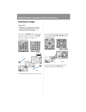 Page 84Useful Functions Available During a Presentation
84
Zooming an Image
Press the + D.ZOOM button to enlarge a 
part of the image. Press the - D.ZOOM 
button to reduce the image size.
 The magnification appears on the screen.
You can move the area you want to zoom in 
on by using the 
[] / [] / [] / [] buttons.
You can restore the original size of the 
image by pressing the OK button.
Useful when:
• Zooming in on an object such as a small 
graph during a presentation (up to 12x).
• Focusing on the current...