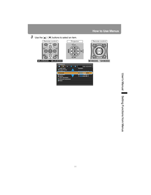 Page 91How to Use Menus
91
User’s ManualSettin
g Functions from Menus
3Use the [] / [] buttons to select an item.
Remote control
ProjectorRemote control 