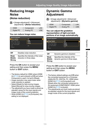 Page 103103
Adjusting Image Quality (Image Adjustment)
Operation
Setting Functions from Menus
Reducing Image 
Noise
(Noise reduction)
> [Image adjustment] > [Advanced 
adjustment] > 
[Noise reduction]
You can reduce image noise.
Press the OK button to accept your 
setting and then press the MENU 
button or EXIT button.
• The factory default for HDMI (when [HDMI 
In] (P115) is set to [Auto]) is [Off] and when 
Component is used, it is set to [Weak].
• Image resolution may seem lower when 
noise reduction is...