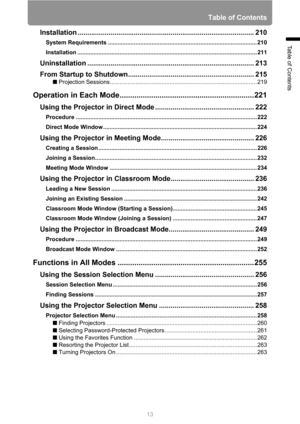 Page 1313
Table of Contents
Table of Contents
Installation ........................................................................................... 210
System Requirements ............................................................................................ 210
Installation ............................................................................................................... 211
Uninstallation ...................................................................................... 213
From...