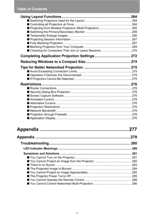 Page 14Table of Contents
14
Using Layout Functions ..................................................................... 264
■ Switching Projectors Used for the Layout ......................................................... 264
■ Controlling all Projectors at Once...................................................................... 264
■ Projecting from Multiple Projectors (Multi-Projection) ....................................... 265
■ Switching the Primary/Secondary...