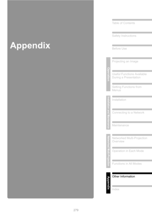 Page 279279
Table of Contents
Safety Instructions
Before Use
Operation
Projecting an Image
Useful Functions Available 
During a Presentation
Setting Functions from 
Menus
Installation and Maintenance
Installation
Connecting to a Network
Maintenance
Networked Multi-Projection
Networked Multi-Projection 
Overview
Operation in Each Mode
Functions in All Modes
AppendixOther Information
Index
Appendix 