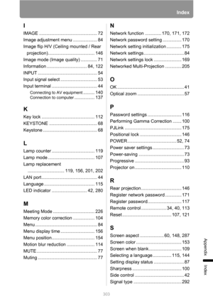 Page 303303
Index
Appendix
Index
I
IMAGE .............................................. 72
Image adjustment menu ................... 84
Image flip H/V (Ceiling mounted / Rear 
projection)..................................... 146
Image mode (Image quality) ............. 71
Information ................................ 84, 122
INPUT ............................................... 54
Input signal select ............................. 53
Input terminal .................................... 44
Connecting to AV...