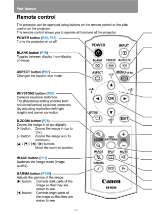 Page 4040
Part Names
Remote control
The projector can be operated using buttons on the remote control or the side 
control on the projector.
The remote control allows you to operate all functions of the projector.
POWER button (P52, P74)
Turns the projector on or off.
ASPECT button (P67)
Changes the aspect ratio mode.
KEYSTONE button (P68)
Corrects keystone distortion.
The [Keystone] setting enables both 
horizontal/vertical keystone correction 
(by adjusting top/bottom/left/right 
length) and corner...