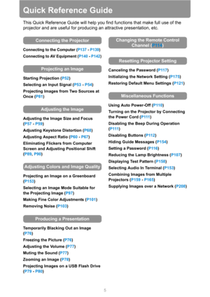 Page 55
Quick Reference Guide
This Quick Reference Guide will help you find functions that make full use of the 
projector and are useful for producing an attractive presentation, etc.
Connecting to the Computer (P137 - P139)
Connecting to AV Equipment (P140 - P142)
Starting Projection (P52)
Selecting an Input Signal (P53 - P54)
Projecting Images from Two Sources at 
Once (P81)
Adjusting the Image Size and Focus 
(P57 - P59)
Adjusting Keystone Distortion (P68)
Adjusting Aspect Ratio (P60 - P67)
Eliminating...