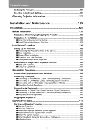 Page 10
Table of Contents
10
Updating the Firmware ........................................................................................... 121
Resetting to the Default Setting............................................................................. 121
Checking Projector Information ............
............................................ 122
Installation and Maintenance................................... 123
Installation ...............