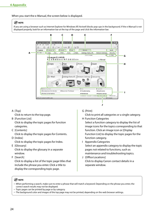 Page 2624
6 Appendix
When you start the e-Manual, the screen below is displayed.
If you are using a browser such as Internet Explorer for Windows XP, ActiveX blocks pop-ups in the background. If the e-Manual is not 
displayed properly, look for an information bar at the top of the page and click the information bar. 
A [Top] 
Click to return to the top page.
B

  [Function List]  
Click to display the topic pages for function 
categories.
C

  [Contents]  
Click to display the topic pages for Contents.
D...