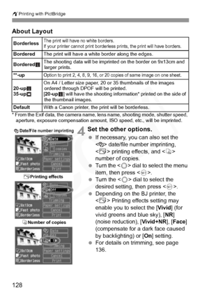 Page 128
wPrinting with PictBridge
128 About Layout
* From the Exif data, the ca mera name, lens name, shooting mode, shutter speed, 
aperture, exposure compensation amount , ISO speed, etc., will be imprinted.
 4Set the other options.
 If necessary, you can also set the 
< > date/file number imprinting, 
 printing effects, and < R> 
number of copies.
  Turn the < 5> dial to select the menu 
item, then press < 0>.
  Turn the < 5> dial to select the 
desired setting, then press < 0>.
  Depending on the BJ...