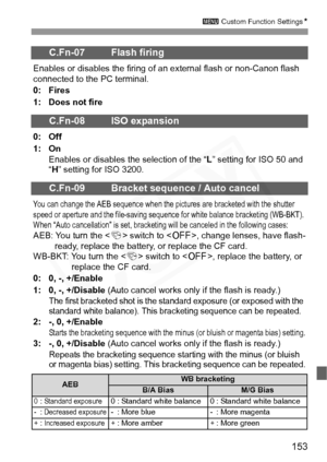 Page 153
153
3 Custom Function Settings N
C.Fn-07 Flash firing
Enables or disables the firing of an external flash or non-Canon flash 
connected to the PC terminal.
0: Fires
1: Does not fire
C.Fn-08 ISO expansion
0: Off
1: On
Enables or disables the selection of the “ L” setting for ISO 50 and 
“ H ” setting for ISO 3200.
C.Fn-09 Bracket sequence / Auto cancel
You can change the AEB sequen ce when the pictures are bracketed with the shutter 
speed or aperture and the fi le-saving sequence for white  balance...