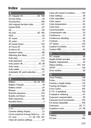 Page 177
177
Index
AAC Adapter Kit ........................26, 166
Access lamp............. .......................29
Accessories.......... .........................166
Add original decis ion data .............157
Adobe RGB .............. .......................67
AE ............................ .......................84
AE lock ..................... ...............95, 160
AEB .......................... .......................93
AF mode .............. ...........................74
AF point...................