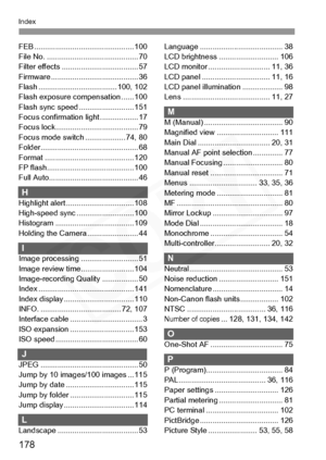 Page 178
178
Index
FEB ............................................... 100
File No. ............. .............................. 70
Filter effects .. .................................. 57
Firmware ................ ......................... 36
Flash .......................... ........... 100, 102
Flash exposure compensation ...... 100
Flash sync speed .......................... 151
Focus confirmation  light .................. 17
Focus lock......... .............................. 79
Focus mode switch...