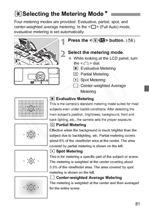 Page 81
81
Four metering modes are provided: Evaluative, partial, spot, and 
center-weighted average metering. In the < 1> (Full Auto) mode, 
evaluative metering is set automatically.
1Press the < Q> button. (9 )
2Select the metering mode.
 While looking at the LCD panel, turn 
the < 6> dial.
q : Evaluative Metering
w : Partial Metering
r : Spot Metering
e : Center-weighted Average 
Metering
q  Evaluative Metering
This is the camera’s standard metering mode suited for most 
subjects even under backlit c...