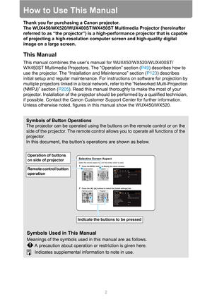 Page 22
How to Use This Manual
Thank you for purchasing a Canon projector.
The WUX450/WX520/WUX400ST/WX450ST Multimedia Projector (hereinafter 
referred to as “the projector”) is a high-performance projector that is capable 
of projecting a high-resolution computer screen and high-quality digital 
image on a large screen.
This Manual
This manual combines the user’s manual for WUX450/WX520/WUX400ST/
WX450ST Multimedia Projectors. The “Operation” section (P49) describes how to 
use the projector. The...