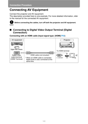 Page 140Connection Procedure
140
Connecting AV Equipment
Connect the projector and AV equipment.
The description provided here is one example. For more detailed information, refer 
to the manual for the connected AV equipment.
■Connecting to Digital Video Output Terminal (Digital 
Connection)
Connecting with an HDMI cable (Input signal type: [HDMI] P53)
Before connecting the cables, turn off both the projector and AV equipment.
Digital video camera
Digital video 
output terminal 
(HDMI Terminal)HDMI cable (not...