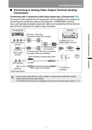 Page 141Connection Procedure
141
Installation and Maintenance
Installation
■Connecting to Analog Video Output Terminal (Analog 
Connection)
Connecting with a component cable (Input signal type: [Component] P53)
Component video signals from AV equipment can be supplied to the projector by 
connecting the component cable to the projector’s COMPONENT terminal.
Use a commercially available component cable (not included) that fits the terminal 
type of the AV equipment to create a relay connection.
• Use an audio...