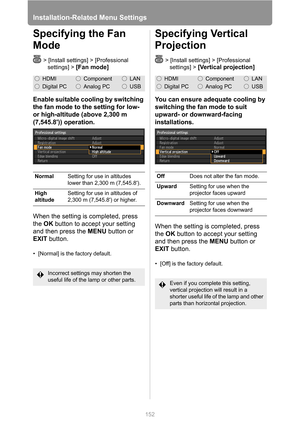 Page 152Installation-Related Menu Settings
152
Specifying the Fan 
Mode
> [Install settings] > [Professional 
settings] > 
[Fan mode]
Enable suitable cooling by switching 
the fan mode to the setting for low- 
or high-altitude (above 2,300 m 
(7,545.8)) operation.
When the setting is completed, press 
the OK button to accept your setting 
and then press the MENU button or 
EXIT button.
• [Normal] is the factory default.
Specifying Vertical 
Projection
> [Install settings] > [Professional 
settings] > 
[Vertical...