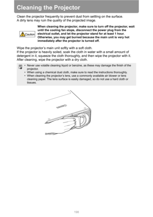 Page 198198
Cleaning the Projector
Clean the projector frequently to prevent dust from settling on the surface.
A dirty lens may ruin the quality of the projected image.
Wipe the projector’s main unit softly with a soft cloth.
If the projector is heavily soiled, soak the cloth in water with a small amount of 
detergent in it, squeeze the cloth thoroughly, and then wipe the projector with it. 
After cleaning, wipe the projector with a dry cloth.
When cleaning the projector, make sure to turn off the projector,...