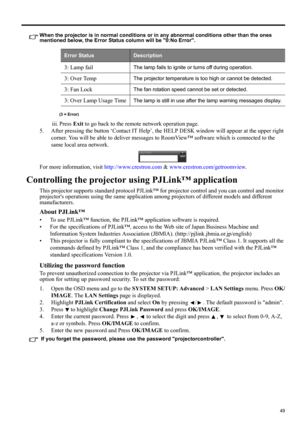 Page 4949
ENGLISH
When the projector is in normal conditions or in any abnormal conditions other than the ones 
mentioned below, the Error Status column will be 0:No Error.
(3 = Error)
iii. Press Exit to go back to the remote network operation page.
5. After pressing the button ‘Contact IT Help’, the HELP DESK window will appear at the upper right 
corner. You will be able to deliver messages to RoomView™ software which is connected to the 
same local area network.
For more information, visit...