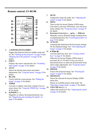 Page 1616
Remote control: LV-RC08
1. POWER (ON/STANDBY)
Toggles the projector between standby mode and 
on. See Starting up the projector on page 28 and 
Shutting down the projector on page 42 for 
details.
2. INPUT
Displays the source selection bar. See Switching 
input signal on page 32 for details.
3. Left
Selects the desired menu items and makes 
adjustments. See Using the menus on page 29 for 
details.
4. BLANK
Used to hide the screen picture. See Hiding the 
image on page 41 for details.
5. TIMER...