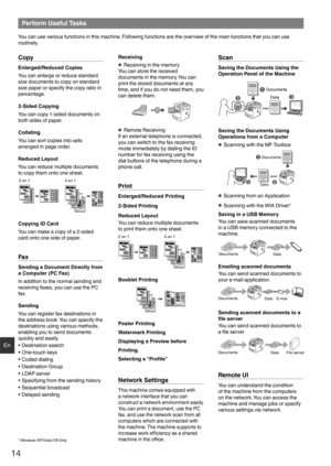 Page 1414
En
Perform Useful Tasks
You can use various functions in this machine. Following functions are the overview of the main functions that you can use 
routinely.
Copy
Enlarged/Reduced Copies
You can enlarge or reduce standard 
size documents to copy on standard 
size paper or specify the copy ratio in 
percentage.
2-Sided Copying
You can copy 1-sided documents on 
both sides of paper.
Collating
You can sort copies into sets 
arranged in page order.
Reduced Layout
You can reduce multiple documents 
to...