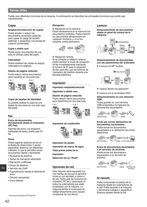 Page 4242
Es
Tareas útiles
Puede usar diferentes funciones de la máquina. A continuación se describen las principales funciones que podrá u\
sar 
rutinariamente.
Copia
Ampliación/reducción de copias
Podrá ampliar o reducir los 
documentos de tamaño estándar 
para copiar en papel de tamaño 
estándar, o especiﬁ car una escala de 
copia en porcentajes.
Copia a doble cara
Podrá copiar documentos de una 
cara en ambas caras del papel.
Intercalado
Podrá clasi ﬁ car las copias en juegos 
ordenados por páginas.
Diseño...