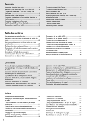 Page 66
Índice Contenido Table des matières Contents
About the Supplied Manuals .....................................8
Navigating the Menu and Text Input Method .............8
Connecting the Power Cord and Turning ON 
the Power ..................................................................9
Specifying the Initial Settings ....................................9
Choosing the Method to Connect the Machine to 
the Computer ............................................................9
Choosing the Method to...