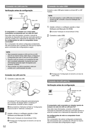 Page 5252
Pt
 Conexão via LAN com ﬁ o
Veriﬁ cação antes da conﬁ  guração
InternetRoteador
ou
hub
Cabo LAN
O computador e o roteador (ou o hub) estão 
conectados corretamente por um cabo de LAN?
Para obter mais informações, consulte o manual de 
instruções do dispositivo de rede que você está usando ou 
entre em contato com o fabricante do dispositivo de rede.
As conﬁ gurações de rede no computador foram 
concluídas?
Se o computador não estiver conﬁ  gurado corretamente, 
não será possível usar a conexão de LAN...
