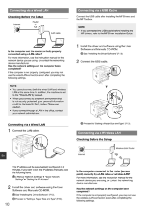 Page 1010
En
 Connecting via a Wired LAN
Checking Before the Setup
InternetRouter
or
hub
LAN cable
Is the computer and the router (or hub) properly 
connected using a LAN cable?
For more information, see the instruction manual for the 
network device you are using, or contact the networking 
device manufacturer.
Has the network settings on the computer been 
completed?
If the computer is not properly con ﬁ gured, you may not 
use the wired LAN connection even after completing the 
following settings.
NOTE
•...