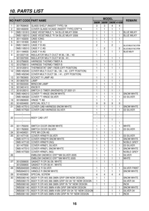 Page 17366M386M396M416M
13017839400GLASS SHELF (INSERT TYPE) 043344
23001402200COVER GLASS V/CASE (INSERT TYPE) ERF**41111
3DMS1181910CASE VEGETABLE *L 04 BLUE MILKY 20061111BLUE MILKY
DMS1182010CASE VEGETABLE *R 04 BLUE MILKY 20061111BLUE MILKY
43011163200CASE ICING1111
53011181800CASE F D1111
6DMS1184910CASE F B AS2-2-
BLUE MILKY NO PRINT
DMS1185010CASE F C AS -2-2BLUE MILKY NO PRINT
73011184800CASE F A AS1111BLUE MILKY
83013337100INSULATOR MULTI DUCT M 36../ 38.. / 4011--
3013337300INSULATOR MULTI DUCT M...