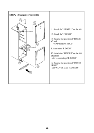Page 2011. Attach the“ HINGE U” on the left.
12. Attach the“ F DOOR”
13. Reverse the position of “ HINGE
M” and
“ CAP SCREW HOLE”
1.Attach the“ R DOOR”
15. Attach the“ HINGE T” on the left
of cabinet
after  assembling to“R DOOR”
16. Reverse the position of “ COVER
HINGE”
and“ COVER CAB HARNESS”
STEP 3 : Change the position of door19door open side
 