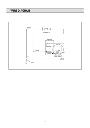 Page 54
WIRE DIAGRAM
BROWN
THERMOSTAT
P-RELAY
COMPRESSOR YELLOW
PLUGL/BLUE
 