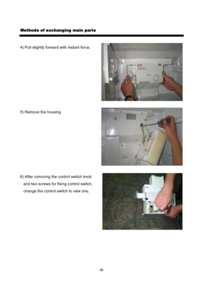 Page 8Methode of exchanging main parts
4) Pull slightly forward with instant force.
5) Remove the housing
6) After romoving the control switch knob  
   and two screws for fixing control switch,
   change the control switch to new one.
-6-
 