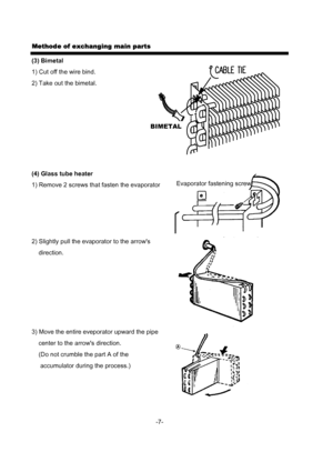 Page 9Methode of exchanging main parts
(3) Bimetal
1) Cut off the wire bind.
2) Take out the bimetal.
(4) Glass tube heater
1) Remove 2 screws that fasten the evaporator.
2) Slightly pull the evaporator to the arrows
    direction.
3) Move the entire eveporator upward the pipe
    center to the arrows direction.
    (Do not crumble the part A of the 
     accumulator during the process.)
-7-
Evaporator fastening screw
BIMETAL
 