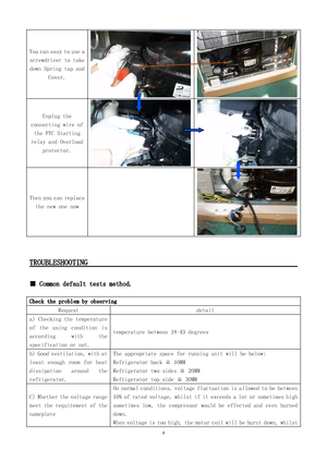 Page 6 
6You can easy to use a 
screwdriver to take  
down Spring tap and  Cover.     
Unplug the 
connecting wire of  the PTC Starting 
relay and Overload  protector.     
Then you can replace 
the new one now     
   
TROUBLESHOOTING                                    
                                 
■ Common default tests method.    
Check the problem by observing 
Request 
detail a) C hecking the temperature 
of  the  using  condition  is 
according  with  the 
specification or not. 
temperature between...
