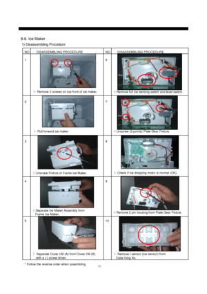 Page 5251
NODISASSEMBLING PROCEDURE NO DISASSEMBLING PROCEDURE
16
38▷Pull forward ice maker.▷Unscrew (3 points) Plate Gear Fixture.
▷Unscrew Fixture of Frame Ice Maker.▷Check if ice dropping motor is normal (OK).
8-6. Ice Maker
1) Disassembling Procedure
27▷Remove 2 screws on top front of ice maker.
▷Remove full ice sensing switch and level switch.
49
▷Separate Ice Maker Assembly from
Frame Ice Maker.▷Remove 2 pin housing from Plate Gear Fixture.
510
▷Separate Cover I/M (A) from Cover I/M (B)
with a (-) screw...