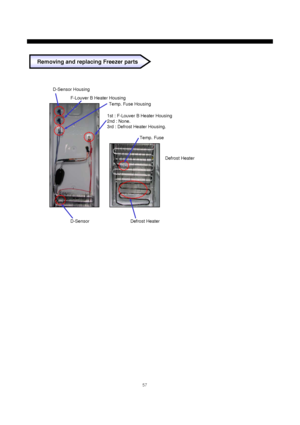 Page 5857
Removing and replacing Freezer parts
F-Louver B Heater Housing
D-Sensor Housing
1st : F-Louver B Heater Housing
2nd : None.
3rd : Defrost Heater Housing.
Temp. Fuse
Defrost Heater
D-Sensor Defrost Heater
Temp. Fuse Housing
 