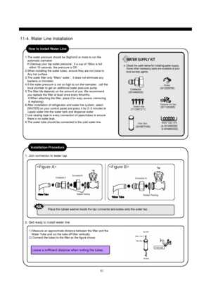 Page 8382
11-4. Water Line Installation
1.The water pressure should be 3kgf/cm2 or more to run the
automatic icemaker.
※Checkup your tap water pressure ; if a cup of 180cc is full
within 10 seconds, the pressure is OK.
2.When installing the water tubes, ensure they are not close to
Any hot surface.
3.The water filter only “filters” water ;  it does not eliminate any
bacteria or microbes.
4.If the water pressure is not so high to run the icemaker,  call the
local plumber to get an additional water pressure...