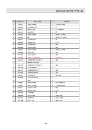Page 69
68
EXPLODED VIEW AND PARTS LIST

NO PART CODE  PART NAME QTYREMARK 
101 7112401211 SCREW TAPPING 1 T1 TRS 4 x 12 MFZN 
102 3012007800 FIXTURE MOTOR A 1 PP 
103 3015911310 MOTOR F FAN 1 DL-2213DWFA-2 
104 3018917200LOUVER F C 1 PP 
105 7142401611 SCREW TAPPING 3 T2 TRS 4 x 16 MFZN 
106 3011834500 FAN 1 ABS (O.D.)3.17 x D130 
107 3018914910 LOUVER F D AS 1 PP 
108 3014805300 SENSOR F AS 1 PT-38 
109 3018914700 LOUVER F B AS 1 HIPS 
110 3018914600 LOUVER F A AS 1 HIPS 
111 7142401611 SCREW TAPPING 3 T2 TRS...