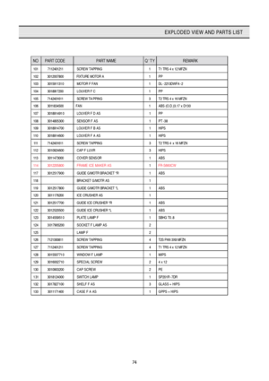 Page 75
74
EXPLODED VIEW AND PARTS LIST

NO PART CODE  PART NAME QTY REMARK 
101 7112401211 SCREW TAPPING 1 T1 TRS 4 x 12 MFZN 
102 3012007800 FIXTURE MOTOR A 1 PP 
103 3015911310 MOTOR F FAN 1 DL-2213DWFA-2 
104 3018917200 LOUVER F C 1 PP 
105 7142401611 SCREW TAPPING3 T2 TRS 4 x 16 MFZN 
106 3011834500 FAN 1 ABS (O.D.)3.17 x D130
107 3018914910 LOUVER F D AS 1 PP 
108 3014805300 SENSOR F AS 1 PT-38 
109 3018914700 LOUVER F B AS 1 HIPS 
110 3018914600 LOUVER F A AS 1 HIPS 
111 7142401611 SCREW TAPPING 3 T2 TRS...