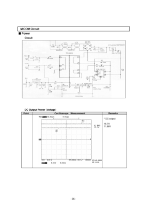 Page 35 
 MICOM Circuit 
  Power 
  Circuit 
 
 
 
DC Output Power (Voltage)    Point
  Oscilloscope 
 Measurement   Remarks
   
   
*  DC  output  
 
15.7V  
11.96V  
   
 
 
 
 
 
 
 
 
   
 
 
 
 
 
 
 
 
 
 
- 35 -
 