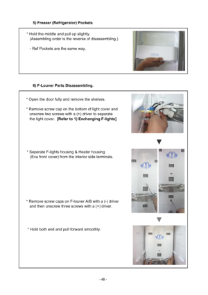 Page 485) Freezer (Refrigerator) Pockets
6) F-Louver Parts Disassembling.
* Hold the middle and pull up slightly.
   (Assembling order is the reverse of disassembling.)
   - Ref Pockets are the same way.
* Open the door fully and remove the shelves.
* Remove screw cap on the bottom of light cover and
   unscrew two screws with a (+) driver to separate
   the light cover.  [Refer to 1) Exchanging F-lights]
* Seperate F-lights housing & Heater housing
   (Eva front cover) from the interior side terminals.
*...