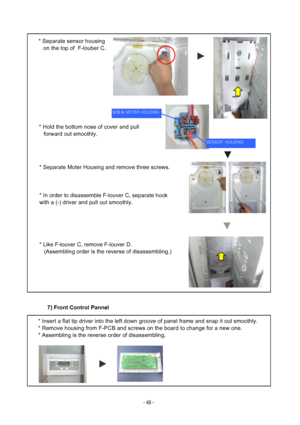 Page 497) Front Control Pannel
냉동실 MOTER HOUSING
SENSOR  HOUSING
* Separate sensor housing
   on the top of  F-louber C.
* Hold the bottom nose of cover and pull
   forward out smoothly.
* Insert a flat tip driver into the left down groove of panel frame and \
snap it out smoothly.
* Remove housing from F-PCB and screws on the board to change for a new \
one.
* Assembling is the reverse order of disassembling.
* Separate Moter Housing and remove three screws.
* In order to disassemble F-louver C, separate hook...