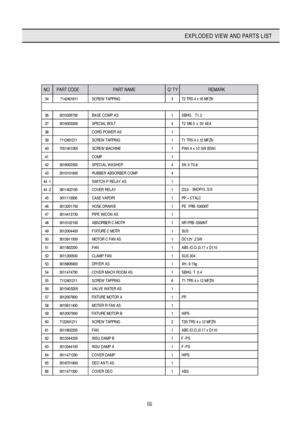 Page 6766
EXPLODED VIEW AND PARTS LIST
NO  PART CODE   PART NAME  QTY  REMARK  
34  7142401611  SCREW TAPPING 3  T2 TRS 4 x 16 MFZN  
 
36  3010326700  BASE COMP AS 1  SBHG  T1.2  
37  3016003300  SPECIAL BOLT 4  T2 M6.5 x 20 4EA
38   CORD POWER AS 1   
39  7112401211  SCREW TAPPING 1  T1 TRS 4 x 12 MFZN
40  7051401065  SCREW MACHINE 1  PAN 4 x 10 SW BSN I
41  COMP 1  
42  3016002500  SPECIAL WASHER 4  SK-5 T0.8
43  3010101600  RUBBER ABSORBER COMP 4  
44 -1   SWITCH P RELAY AS 1    
44 - 2  3811402100  COVER...