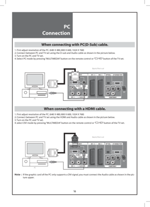 Page 1616
PC
Connection
When connecting with PC(D-Sub) cable.
1. First adjust resolution of the PC. (640 X 480, 800 X 600, 1024 X 768)
2. Connect between PC and TV set using the D-sub and Audio cable as shown in the picture below.
3. Turn on the PC and TV set.
4.  Select PC mode by pressing “MULTIMEDIA” button on the remote control or ”
” button of the TV set.
Back of the tv set
PC
When connecting with a HDMI cable.
1. First adjust resolution of the PC. (640 X 480, 800 X 600, 1024 X 768)
2. Connect between PC...