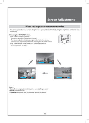 Page 3535
MUTE
PICTURE
ASPECTSOUND
POWER
RECALL
MULTIMEDIA
PR
Mode Normal
Mode Movie
Mode Favourite
Screen Adjustment
When setting up various screen modes
-  The user may select various screens designed for a good picture without adjusting the brightness, contrast or colour 
individually.
1. Pressing the “PICTURE” button.
 •  The screen changes as follows: 
Normal => Movie => Favourite => Normal
 •  The screen adjustment status changes as the following screens  
are displayed sequentially whenever pressing the...