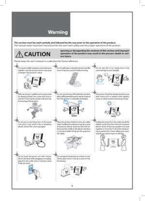 Page 66
Warning
This section must be read carefully and followed by the user prior to the operation of the product.
The manual states important instructions for the user’s own safety, and the proper operation of the product.
 CAUTION
Ignoring or disregarding the contents of this section and improper 
operation of the product may result in the person’s death or seri-
ous injury.
Please keep the user’s manual in a safe place for future reference.
Do not put volatile substance-such as benzene, naphtha- near the...