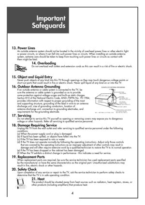Page 4Important
Safeguards
4 13. Power Lines
An outside antenna system should not be located in the vicinity of overhead power lines or other electric light
or power circuits, or where it can fall into such power lines or circuits. When installing an outside antenna
system, extreme care should be taken to keep from touching such power lines or circuits as contact with
them might be fatal.
14. OverloadingDo not overload wall outlets and extension cords as this can result in a risk of fire or electric shock.
15....