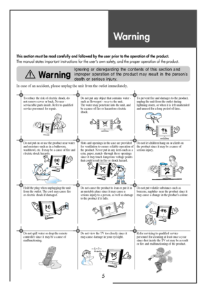 Page 5Warning
5
This section must be read carefully and followed by the user prior to the operation of the product.
The manual states important instructions for the user's own safety, and the proper operation of the product.
In case of an accident, please unplug the unit from the outlet immediately.
Hold the plug when unplugging the unit
from the outlet. The cord may cause fire
or electric shock if damaged.Do not cause the product to lean or put it in
an unstable place since it may cause a
serious injury...