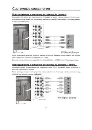 Page 11 
11
Системные соединения                   
 
Присоединение к внешнему источнику AV  сигнала
 
Используйте AV-кабели для подключения к AV-входам на задней панели внешнего AV-источника. 
Используйте S-video кабель для подключения внешнего источника S-video сигнала к входному разьему 
S-video на задней панели. 
 
 
 
 
 
 
 
 
 
 
 
 
После подключения включите продукт и внешнее устройство. Нажмите кнопку SOURCE для выбора 
источника сигнала композитный(composite) или S-video. 
Помните: режимы композитное...